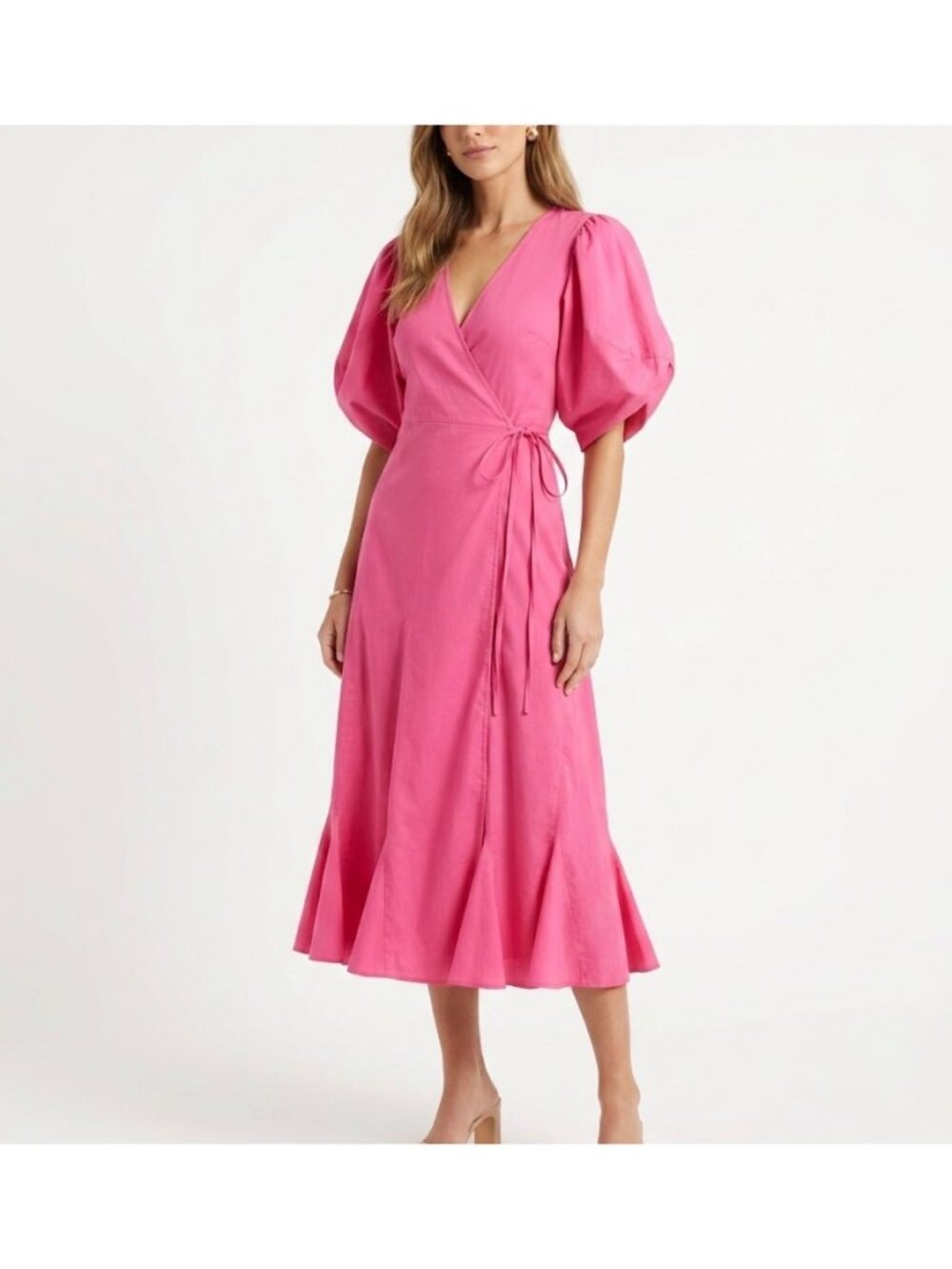 Rhode Women’s Puff Sleeve Midi Wrap Dress In Pink Lightweight Cotton Size S
